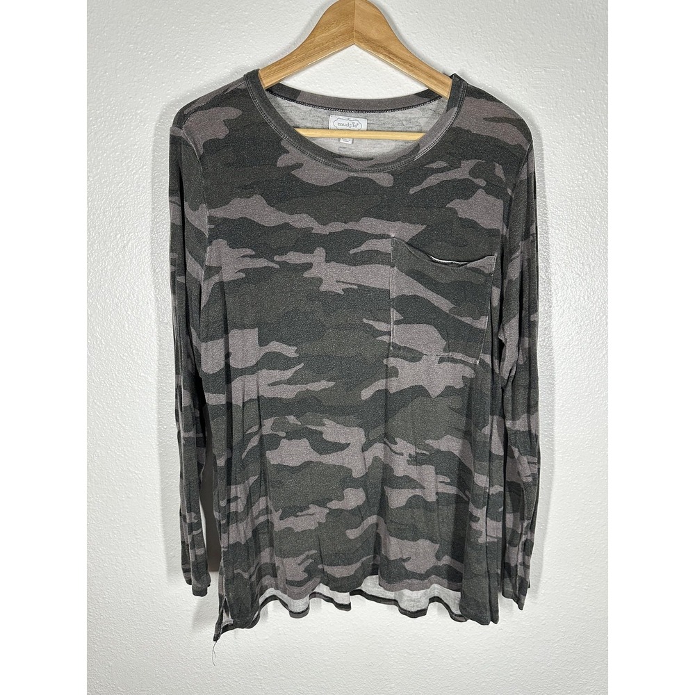 Mud Pie Shirt Womens Large Gray‎ Camouflage Long Sleeve Pocket Soft Knit Casual